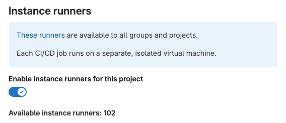 A project’s runner settings shows a message about instance runner guidelines.