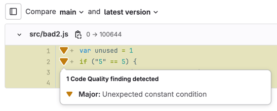 Lines in a merge request’s changes tab marked with a symbol to indicate code quality issues