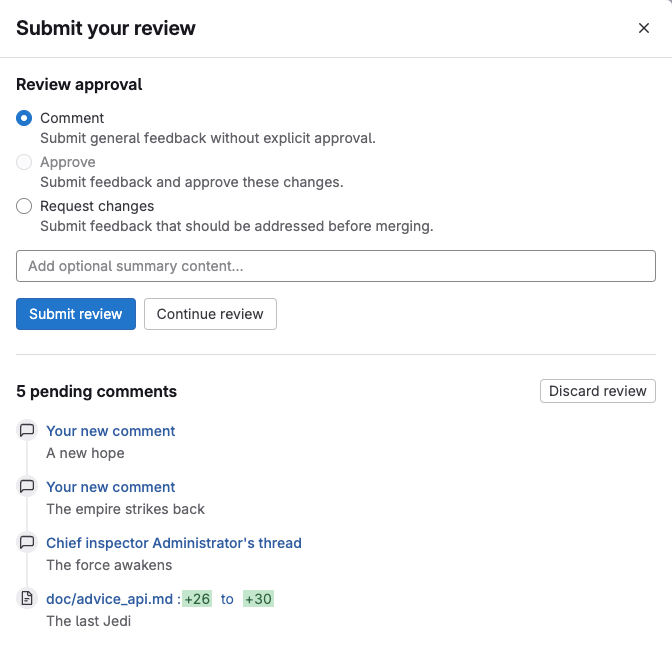 The review drawer, showing a review in progress. It contains a single-line review comment, and a comment spanning two lines of code.