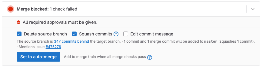 The merge request widget displays ‘All required approvals must be given’.
